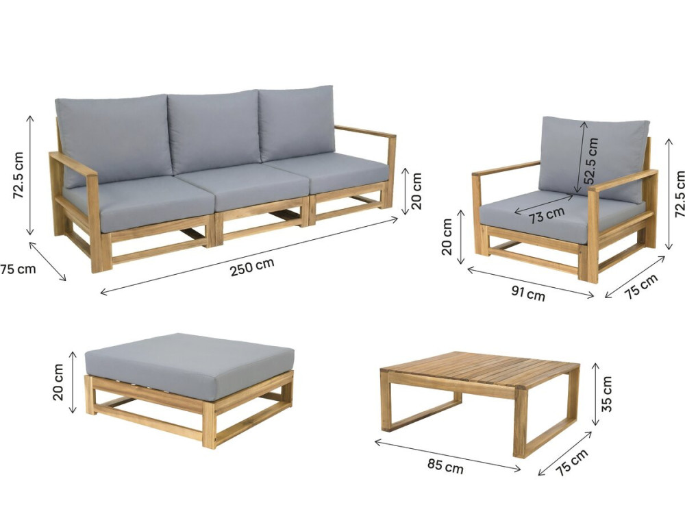Acacia wood garden furniture with cushions "Bellingham" - 5 seater - Grey