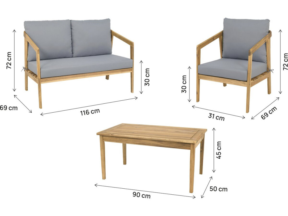 Presley" wooden garden furniture set with cushions - 4 seater - Grey