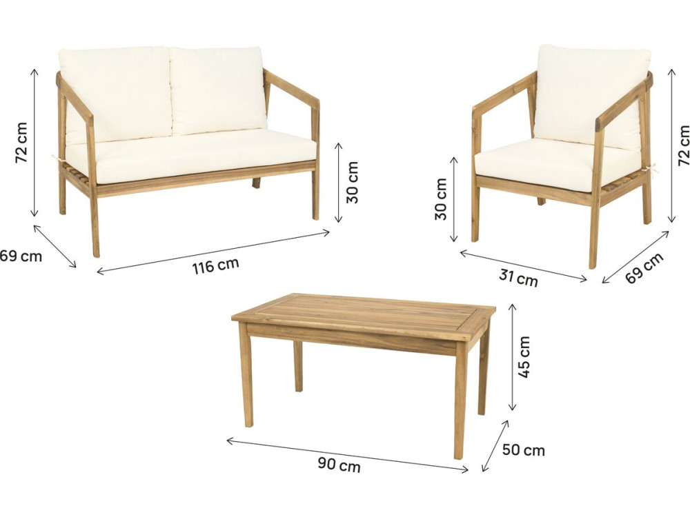 Acacia wood garden furniture with cushions "Presley" - 4 seater - Beige