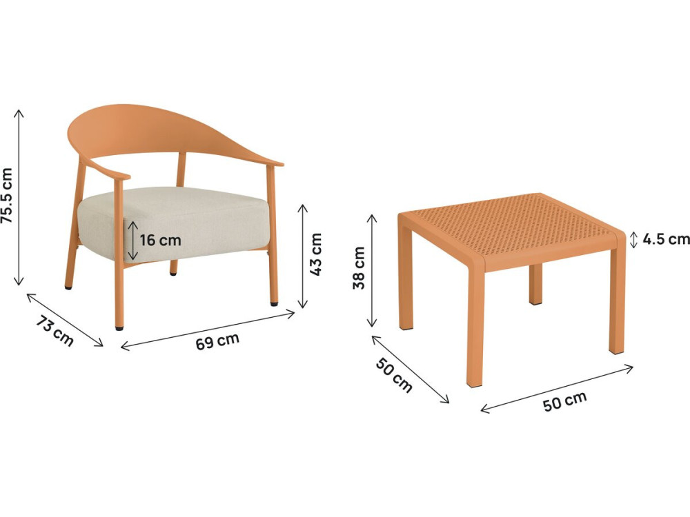 Céora" metal and plastic garden furniture set - 2 seater - Orange