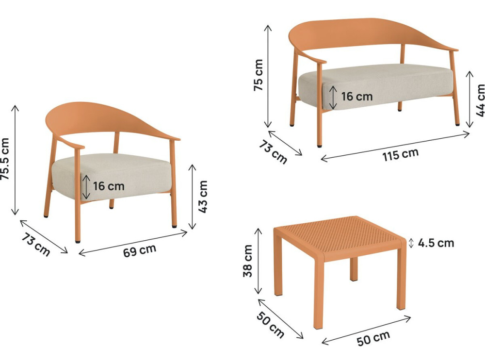 Céora" metal and plastic garden furniture set - 4 seats - Orange
