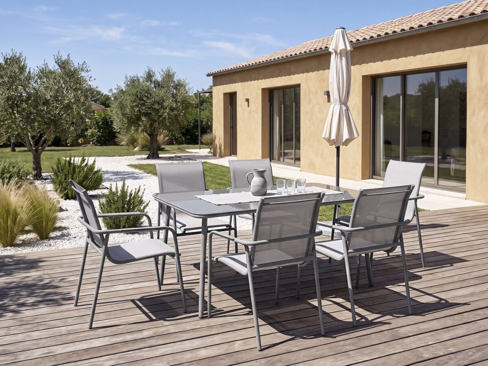 Malaga" metal garden dining set - 7 seats - Grey