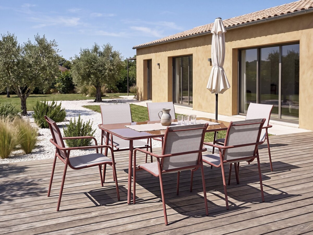 Malaga" metal garden dining set - 7 seats - Terracotta