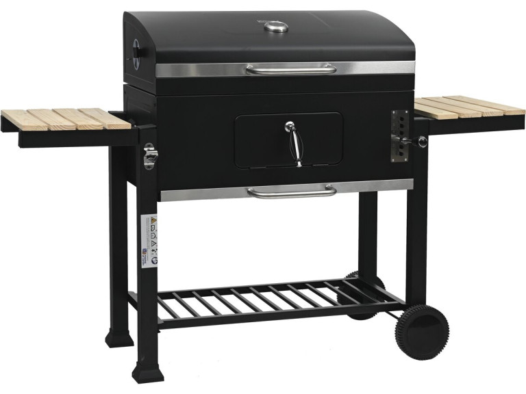 Marquis" charcoal barbecue with side shelves and adjustable grills - Black