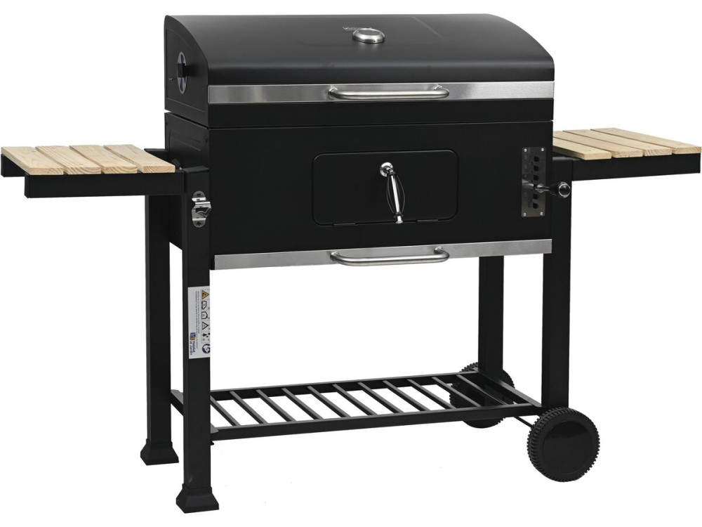 Marquis" charcoal barbecue with side shelves and adjustable grills - Black
