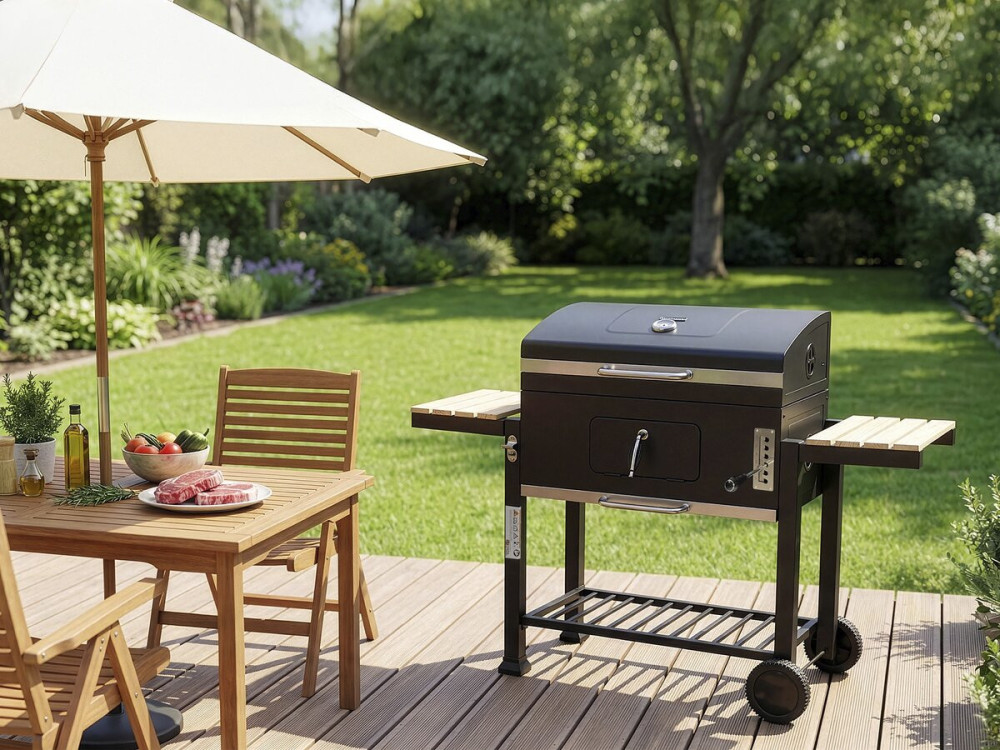 Marquis" charcoal barbecue with side shelves and adjustable grills - Black