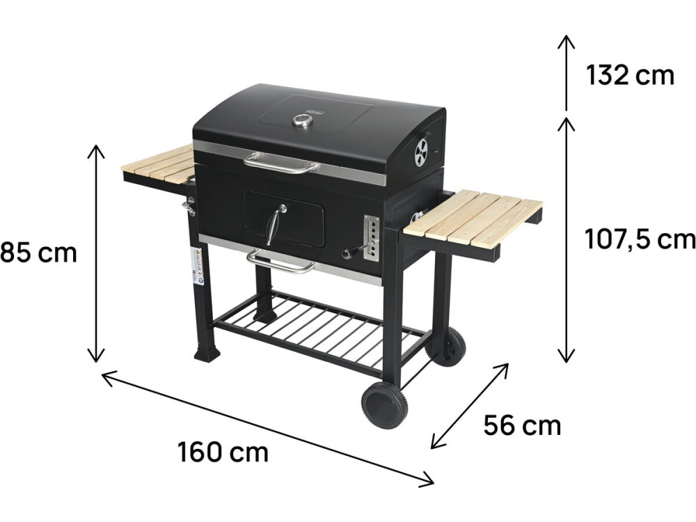 Marquis" charcoal barbecue with side shelves and adjustable grills - Black