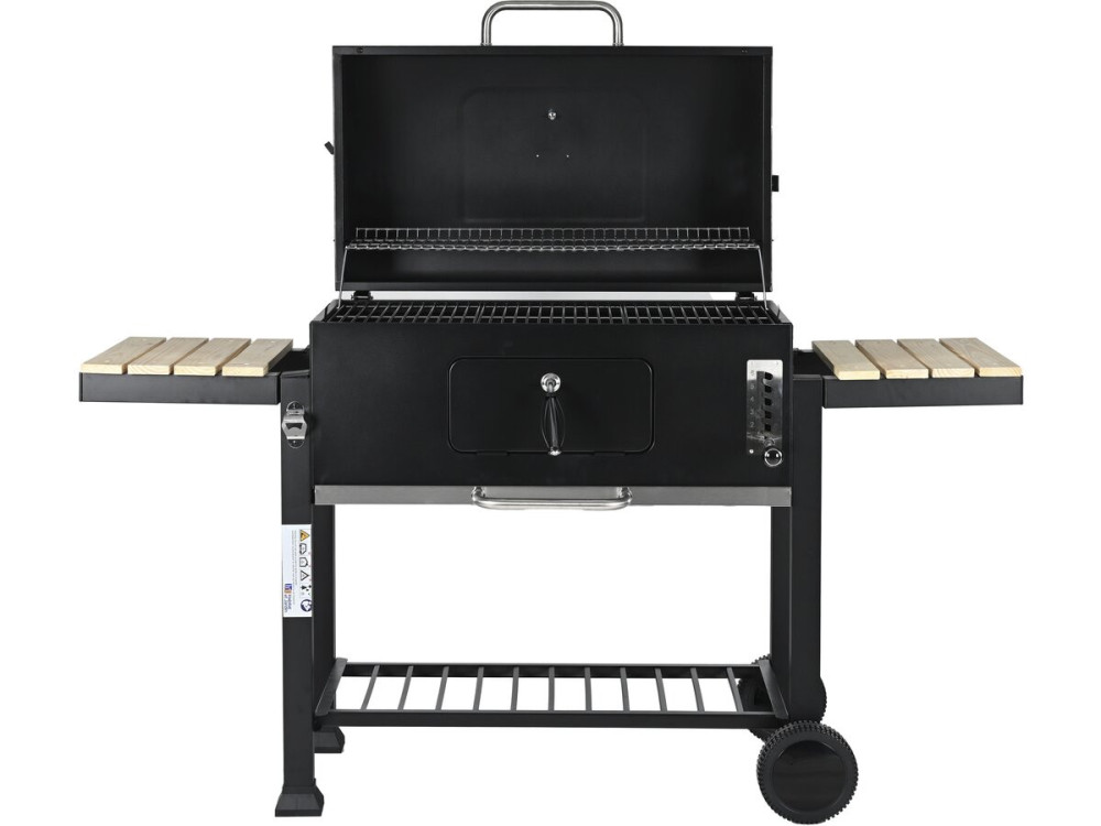 Marquis" charcoal barbecue with side shelves and adjustable grills - Black