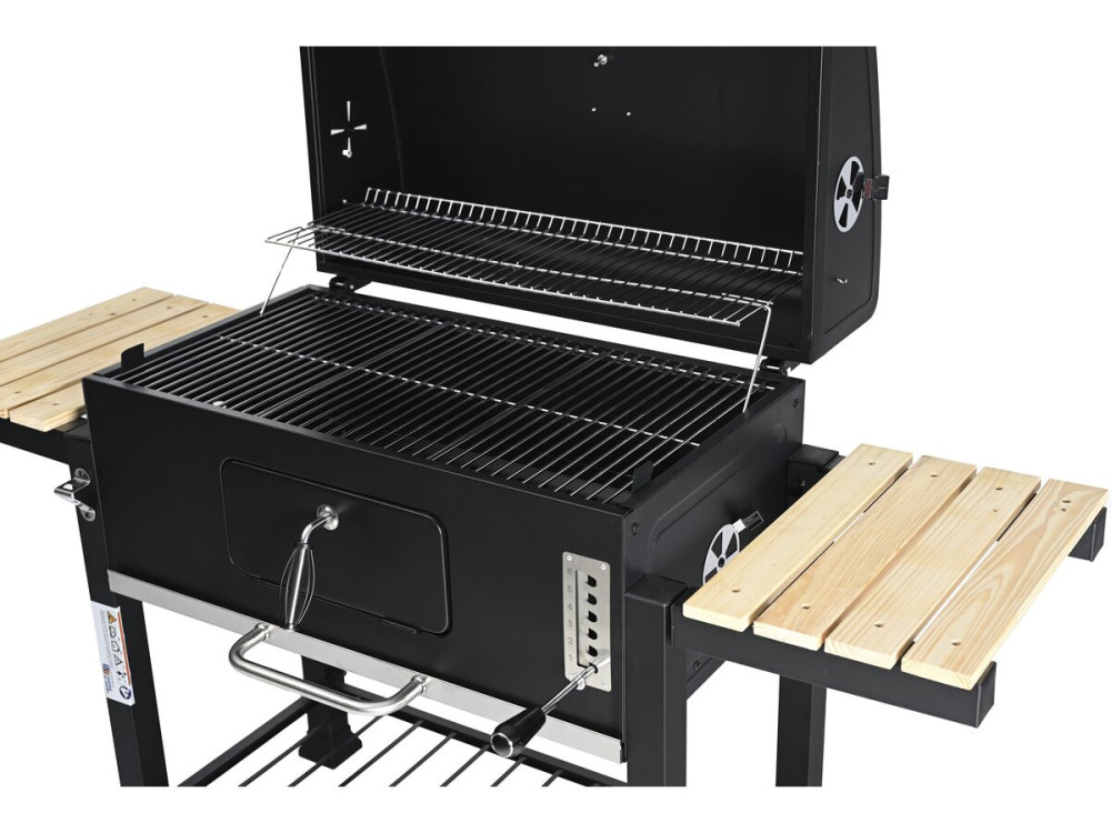 Marquis" charcoal barbecue with side shelves and adjustable grills - Black