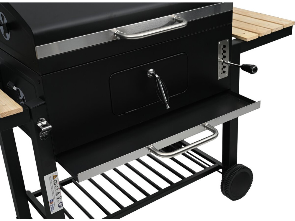 Marquis" charcoal barbecue with side shelves and adjustable grills - Black