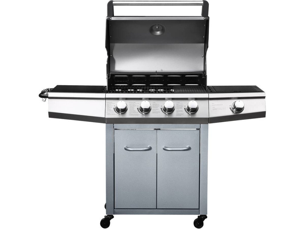 Gas barbecue with LED "Bingo 5" - 5 Burners including 1 lateral - 15.2kW + Protective cover - Silver