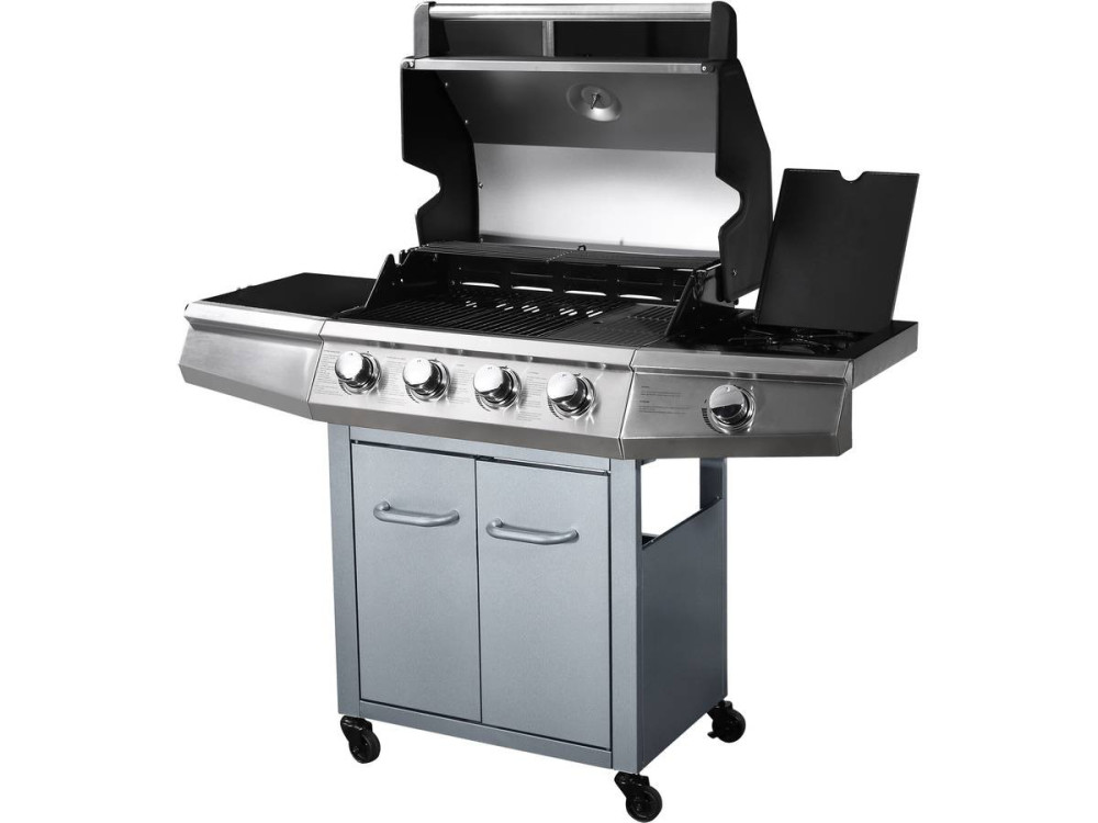Gas barbecue with LED "Bingo 5" - 5 Burners including 1 lateral - 15.2kW + Protective cover - Silver