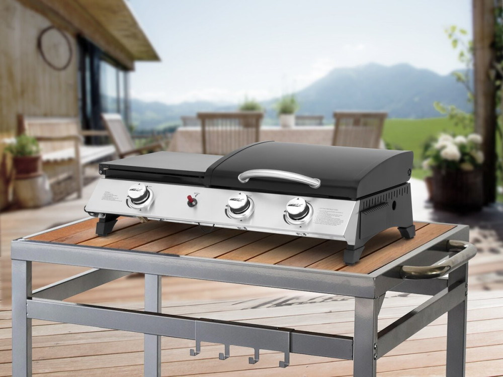 Rasio" gas griddle with lid - 7.5 KW - 3 burners - Black