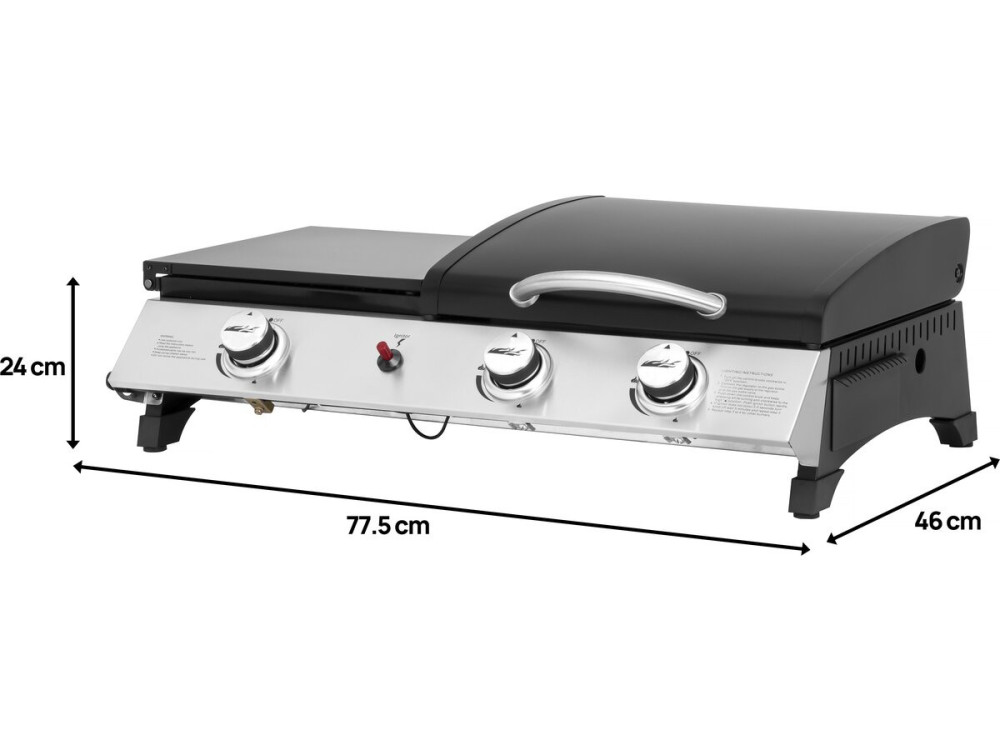 Rasio" gas griddle with lid - 7.5 KW - 3 burners - Black