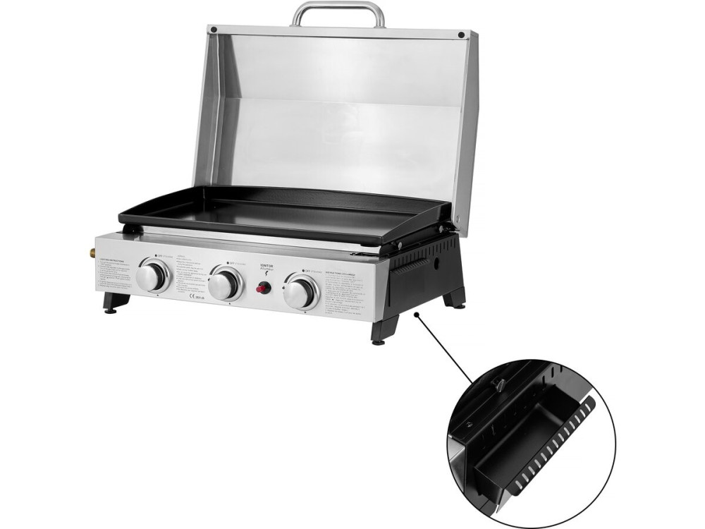 Gas griddle with 3 burners and metal lid "Fasto" - 7.5 kw - Grey