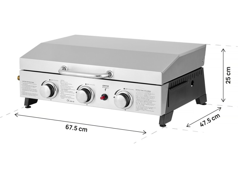 Gas griddle with 3 burners and metal lid "Fasto" - 7.5 kw - Grey