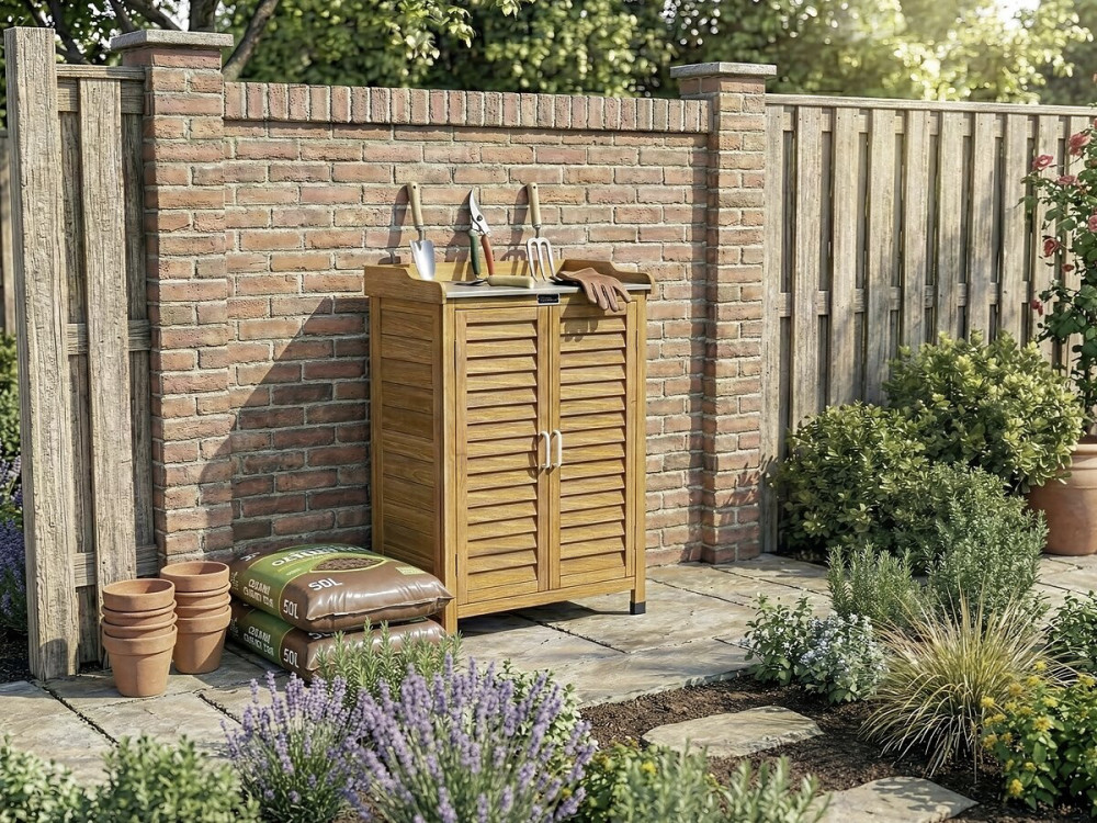 Alexia" wooden garden cabinet with castors - 66 x 41 x 101 cm - Brown