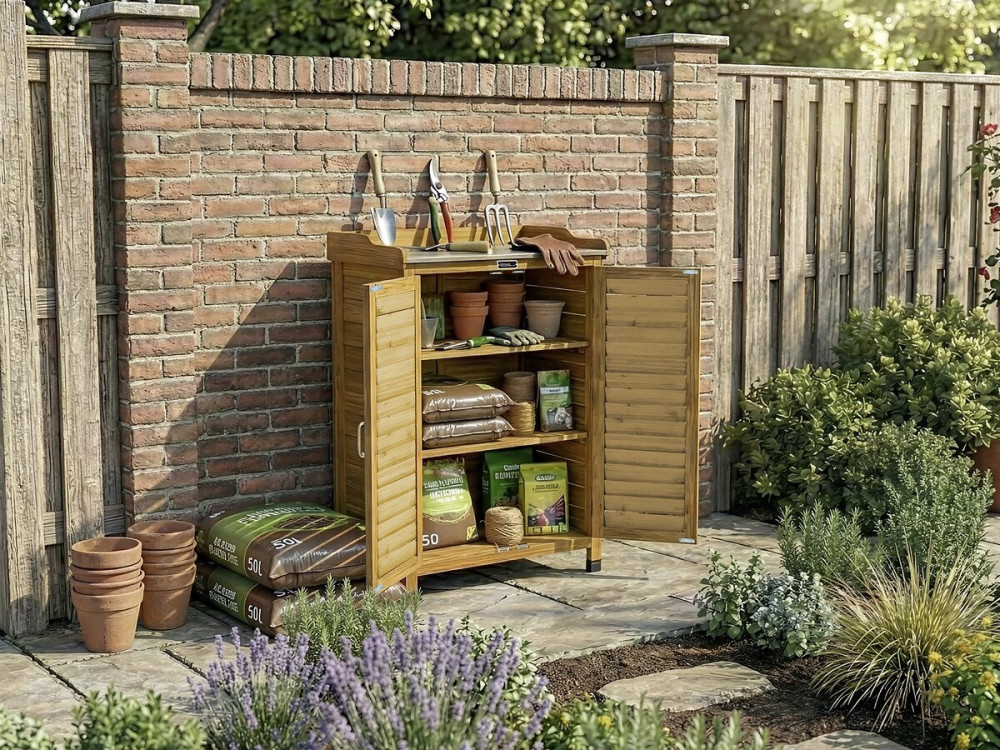 Alexia" wooden garden cabinet with castors - 66 x 41 x 101 cm - Brown