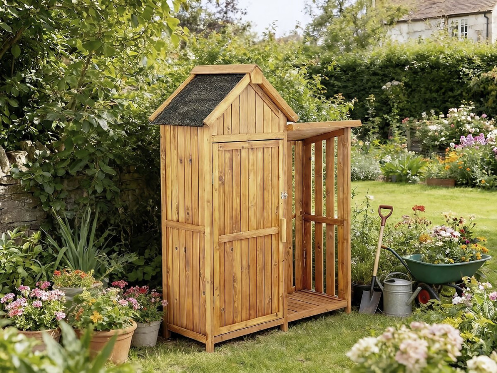 Noé" wooden garden cabinet with log storage - 136 x 57 x 170 cm - Brown