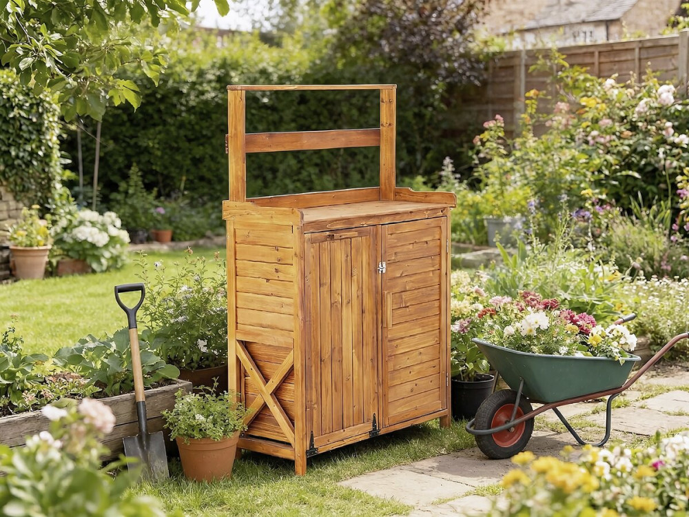 Lou" wooden garden cabinet with integrated waste garbage can - Brown