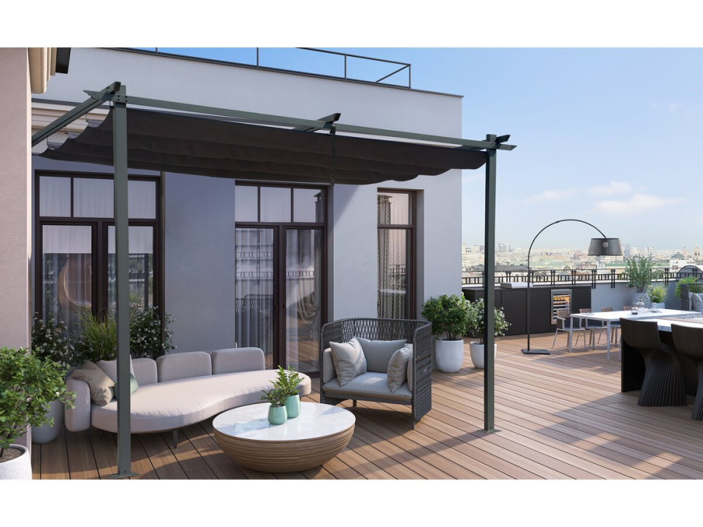 Lean-to pergola with retractable roof - 3 x 3 m - Anthracite grey