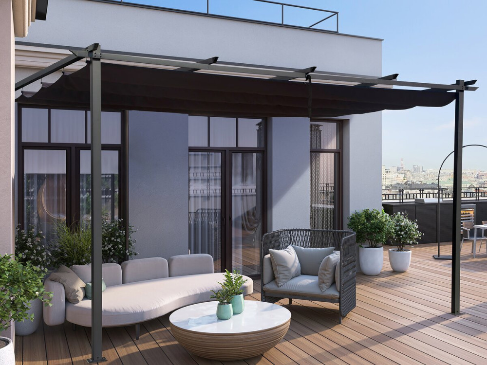 Aluminium lean-to pergola with retractable roof - 3 x 4 m - Grey