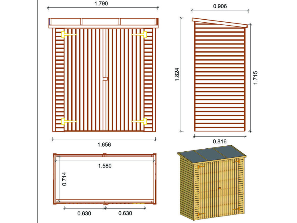 Wooden Garden shed "Lipki" -  5'10" x 2'11" x 5'9" / 6'1" - 5.31 ft² - 0.5"in- without a floor