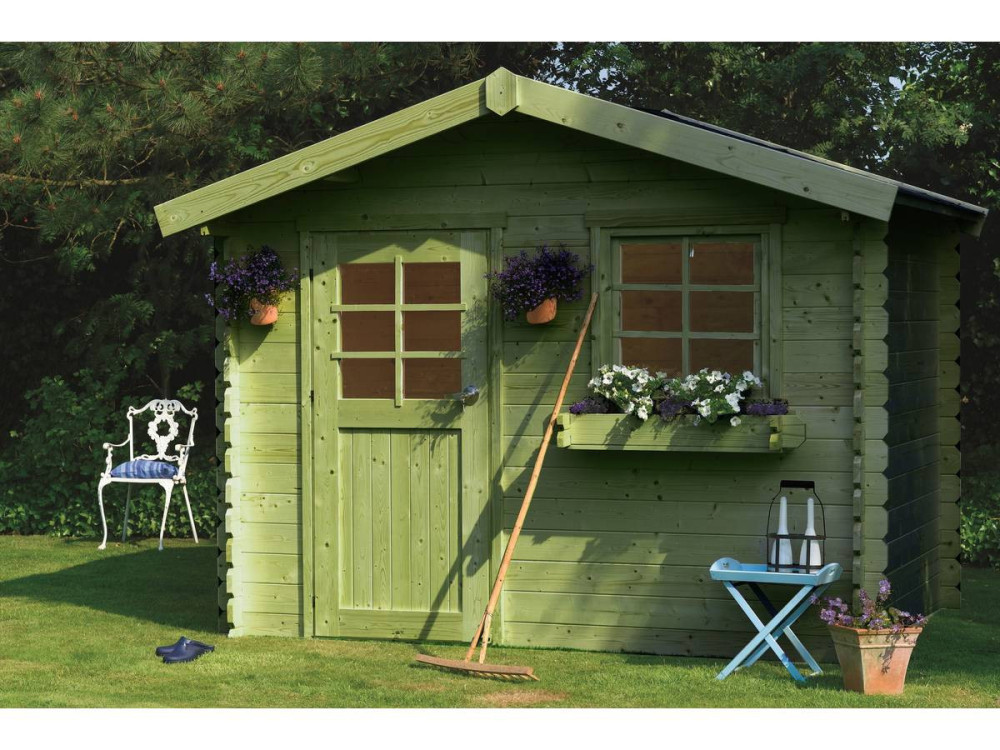 Sologne" wooden garden shed - Impregnated model (green) - 8.88 m² - 2.98 x 2.98 x 2.39 m - 28 mm