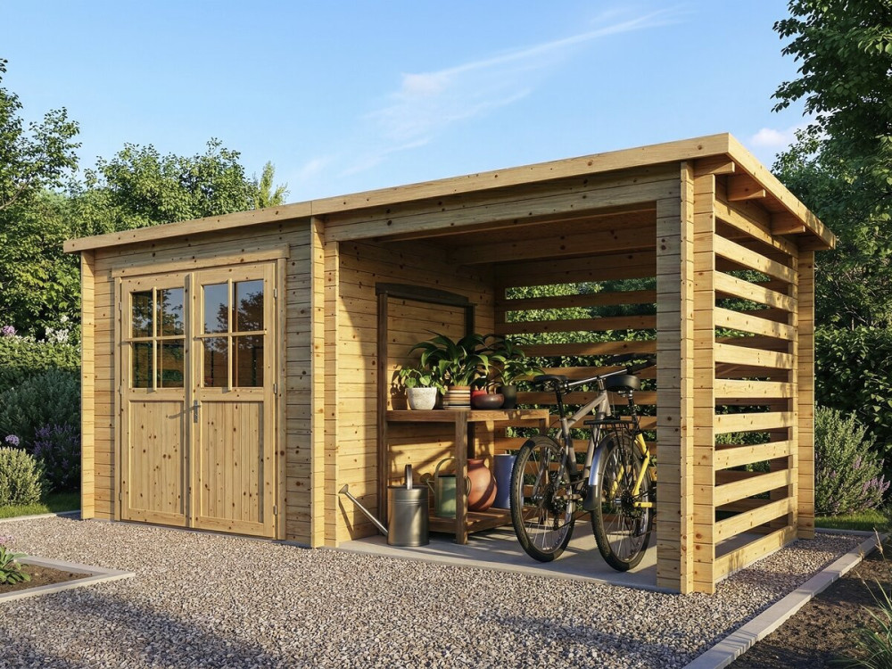Wooden garden shed with lean-to "Aureval" - 11m² - 2.24 x 5.01 x 2.07 m - 28 mm