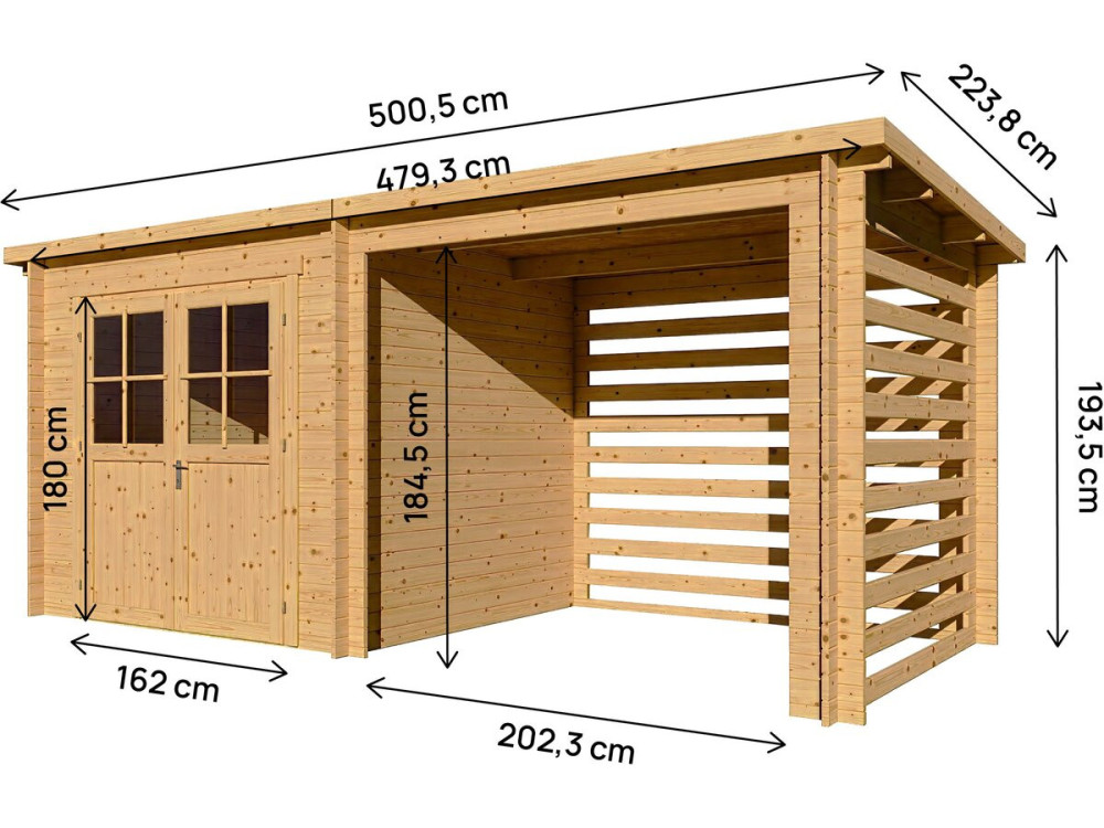 Wooden garden shed with lean-to "Aureval" - 11m² - 2.24 x 5.01 x 2.07 m - 28 mm