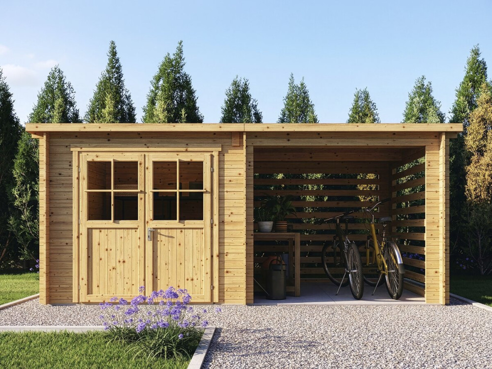 Wooden garden shed with lean-to "Aureval" - 11m² - 2.24 x 5.01 x 2.07 m - 28 mm