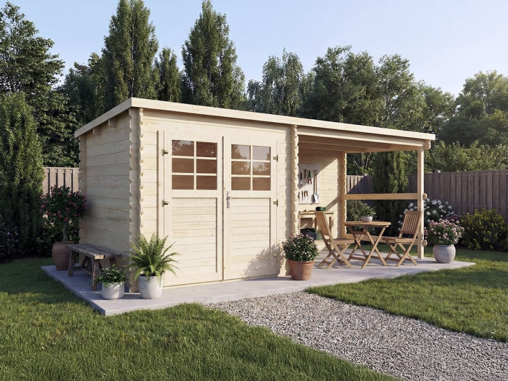 Montval" wooden garden shed with awning - 14 m² - 28 mm
