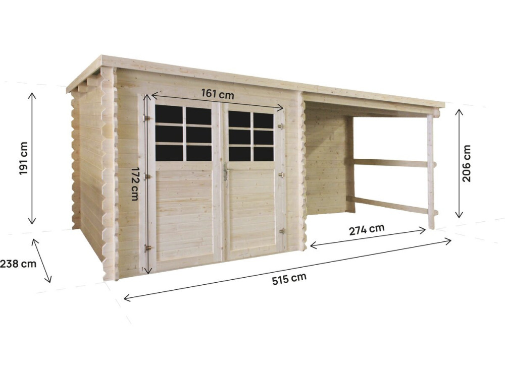 Montval" wooden garden shed with awning - 14 m² - 28 mm
