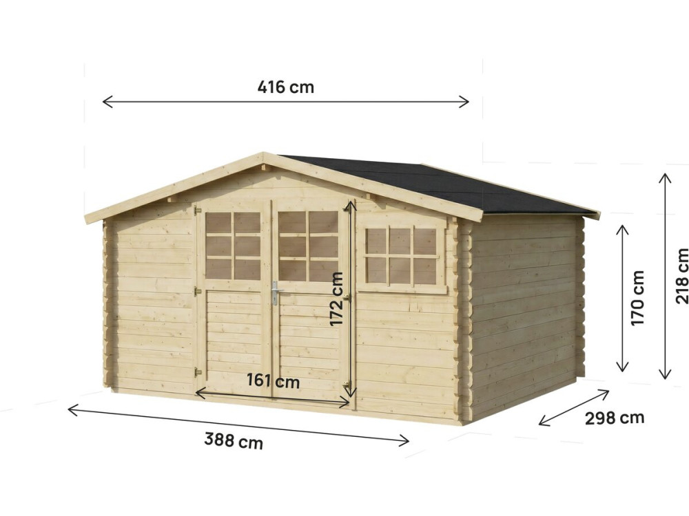 Clairval" wooden garden shed - 416 x 301 x 218 cm - 12.53 m² - 28 mm