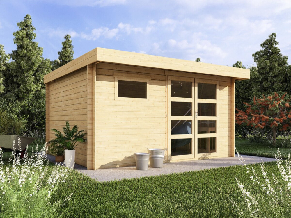 Oak" wooden garden shed with flat roof - 13.1 m² - 28 mm - Beige