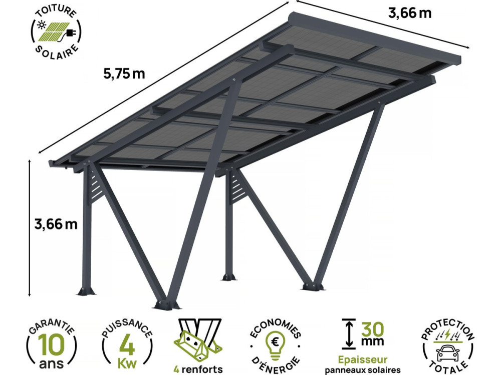 Solar carport with photovoltaic panels - 366 x 575 x 366 cm - Grey - 4.1 kW