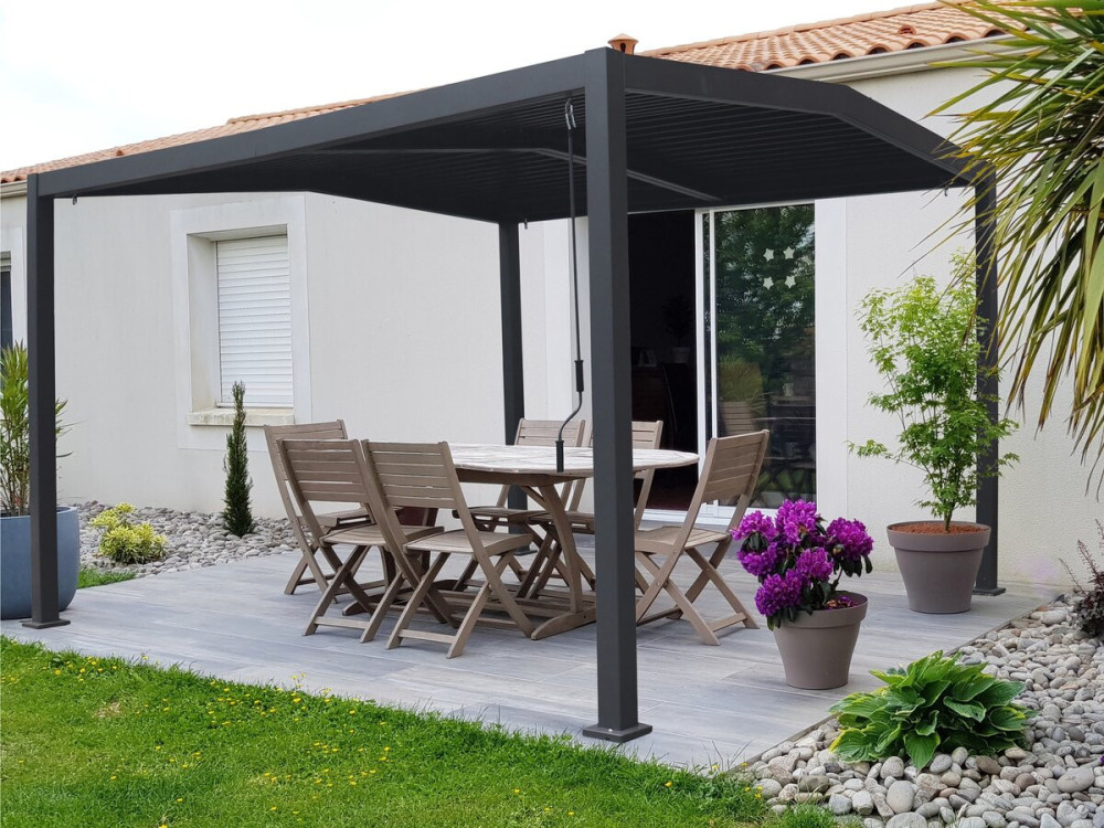 Bioclimatic pergola "Victoria" 2-slope roof in aluminium and metal - 3.5 x 4 m - Grey