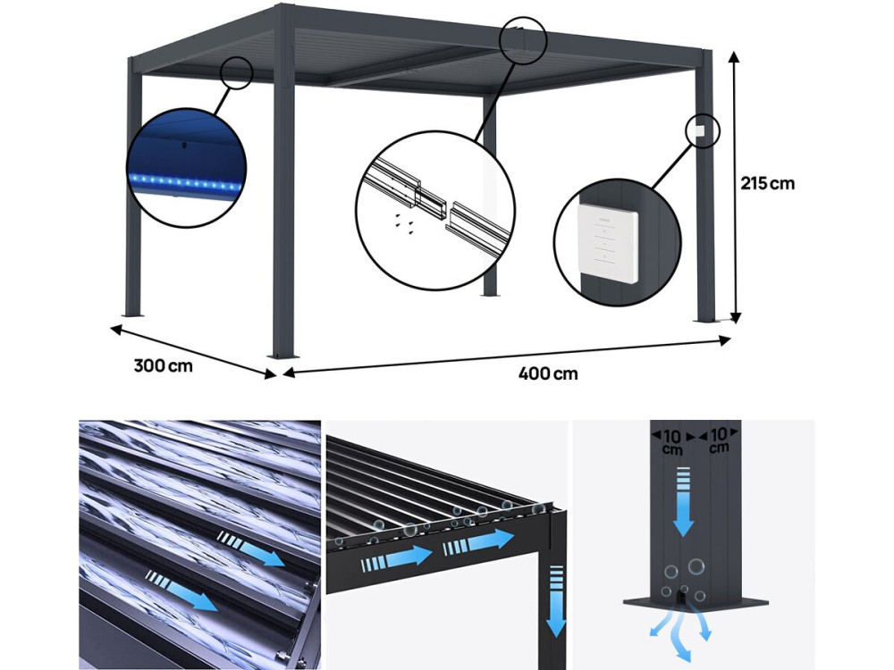 Electric bioclimatic pergola with LED "Windsor" in aluminum 3 x 4 - Gray