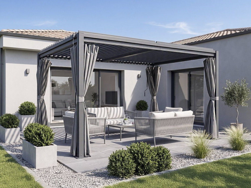 Howard" bioclimatic pergola with curtain and mosquito net - 3 x 4 m - Grey