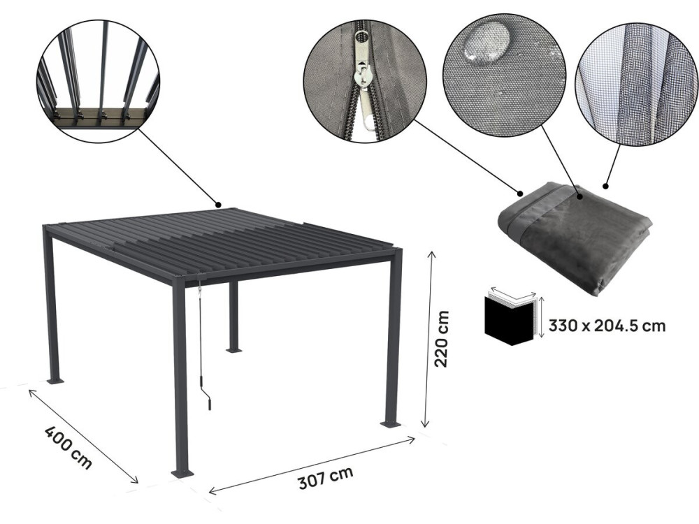 Howard" bioclimatic pergola with curtain and mosquito net - 3 x 4 m - Grey