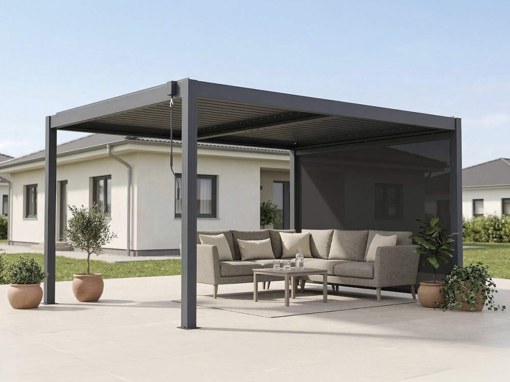 Windsor premium" bioclimatic pergola with led and aluminium awning - 3 x 4 m - Grey