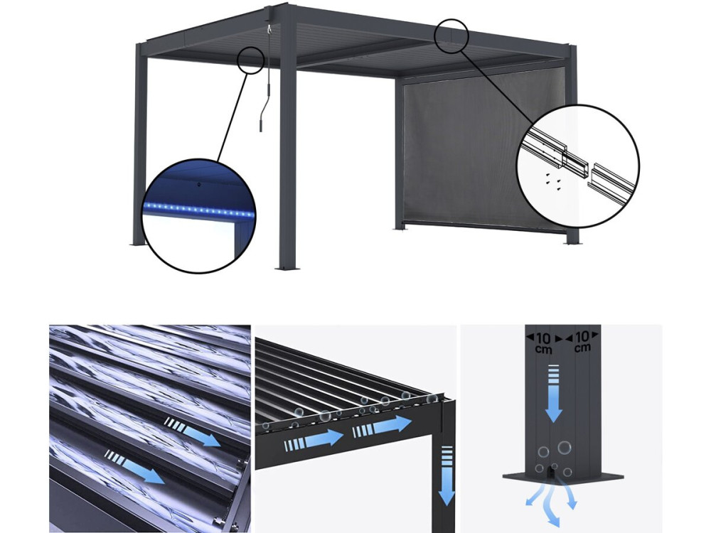 Windsor premium" bioclimatic pergola with led and aluminium awning - 3 x 4 m - Grey