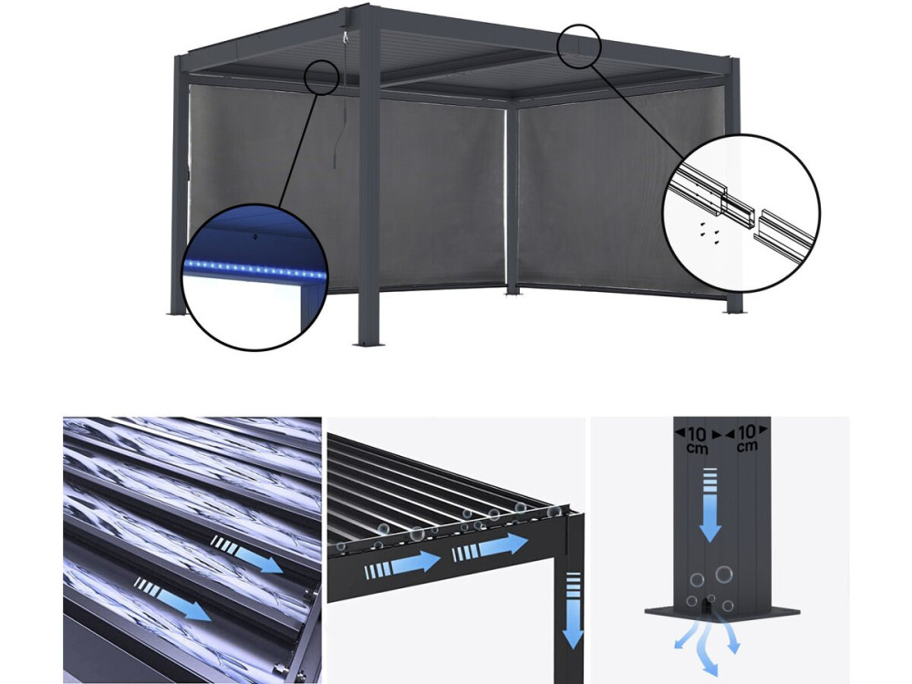 Bioclimatic pergola with led and 2 aluminium awnings "Windsor premium" - 3 x 4 m - Grey