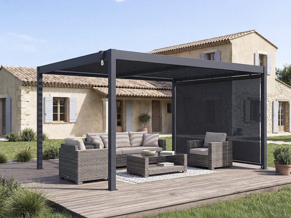 Windsor" bioclimatic pergola with aluminium awning - 3 x 4 m - Grey