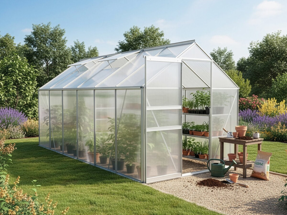 Polycarbonate garden greenhouse 370 x 190 x 195 cm "Basilic" - 7.03 m² - Grey
