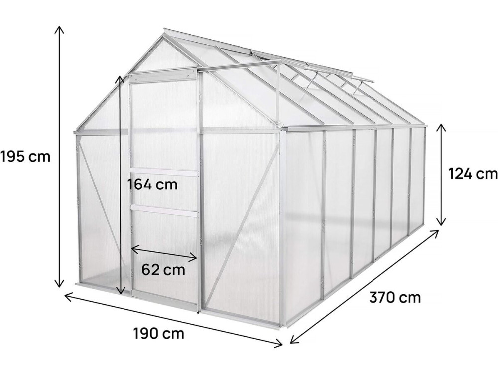 Polycarbonate garden greenhouse 370 x 190 x 195 cm "Basilic" - 7.03 m² - Grey