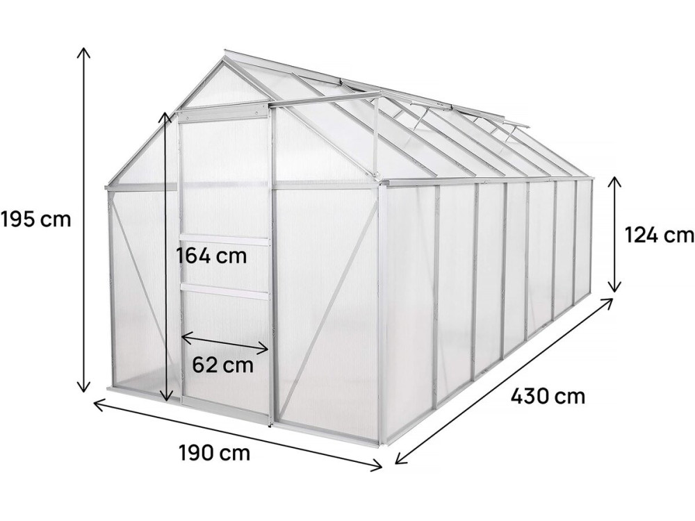 Polycarbonate garden greenhouse 430 x 190 x 195 cm "Basilic" - 8.17 m² - Grey