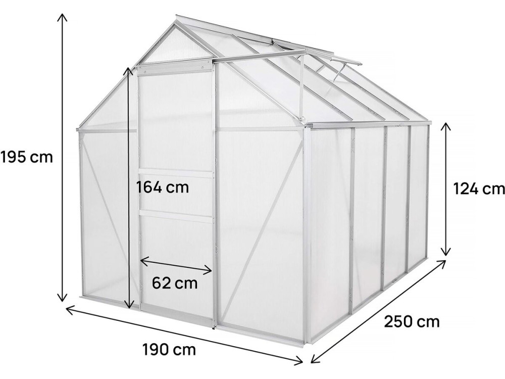 Polycarbonate garden greenhouse 250 x 190 x 195 cm "Basilic" - 4,75 m² - Grey
