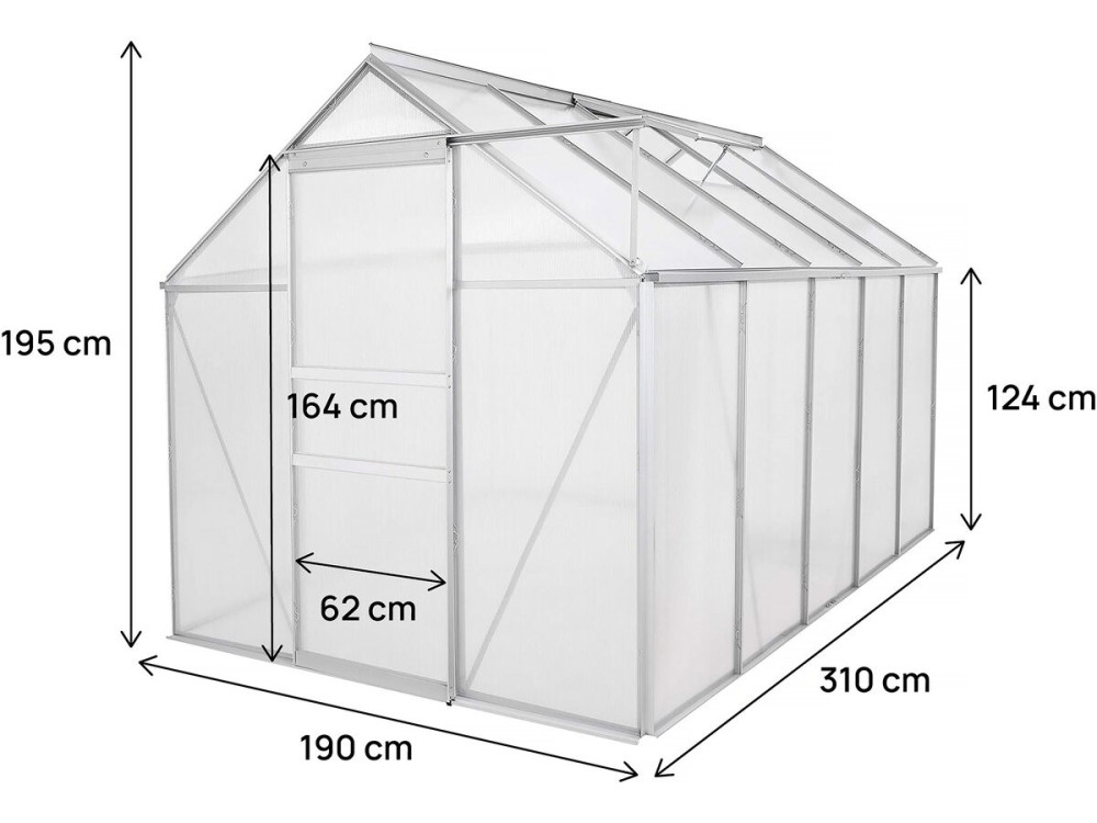 Polycarbonate garden greenhouse 310 x 190 x 195 cm "Basilic" - 5,89 m² - Grey