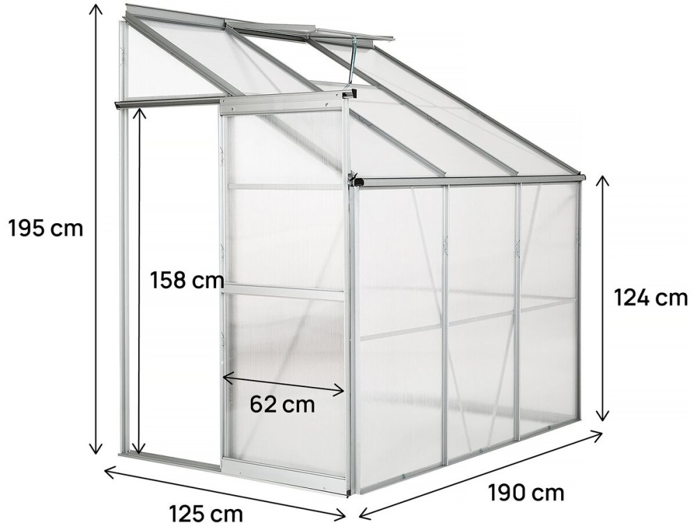 190 x 125 x 195 cm - 2.37 m² polycarbonate lean-to greenhouse